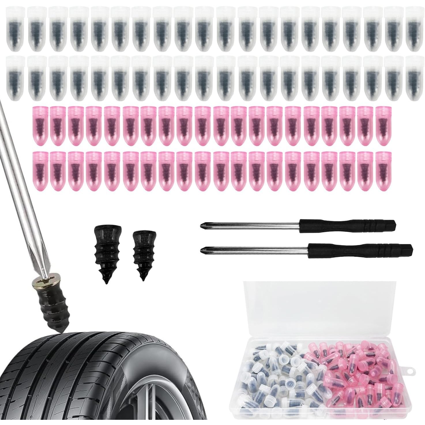 80개 타이어 수리 키트 고무 못, 드라이버 2개 포함,셀프,서비스 차량 펑크 수리 키트,진공 타이어 고속 수리 공구 ,진공 타이어 수리 못 자동차 오토바이, SUV, 오프로드 차 15,100원