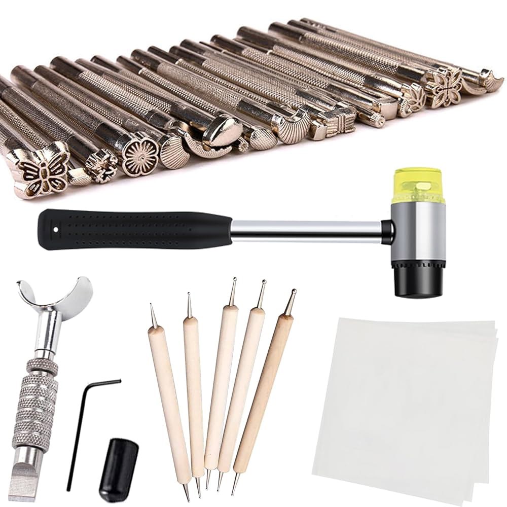 가죽 스탬핑 도구 키트, 다양한 모양의 안장 만들기 스탬프 펀치 세트, 작업 망치, 회전 나이프, 트레이싱 페이퍼 및 펜이 포함된 조각 키트 87,800원