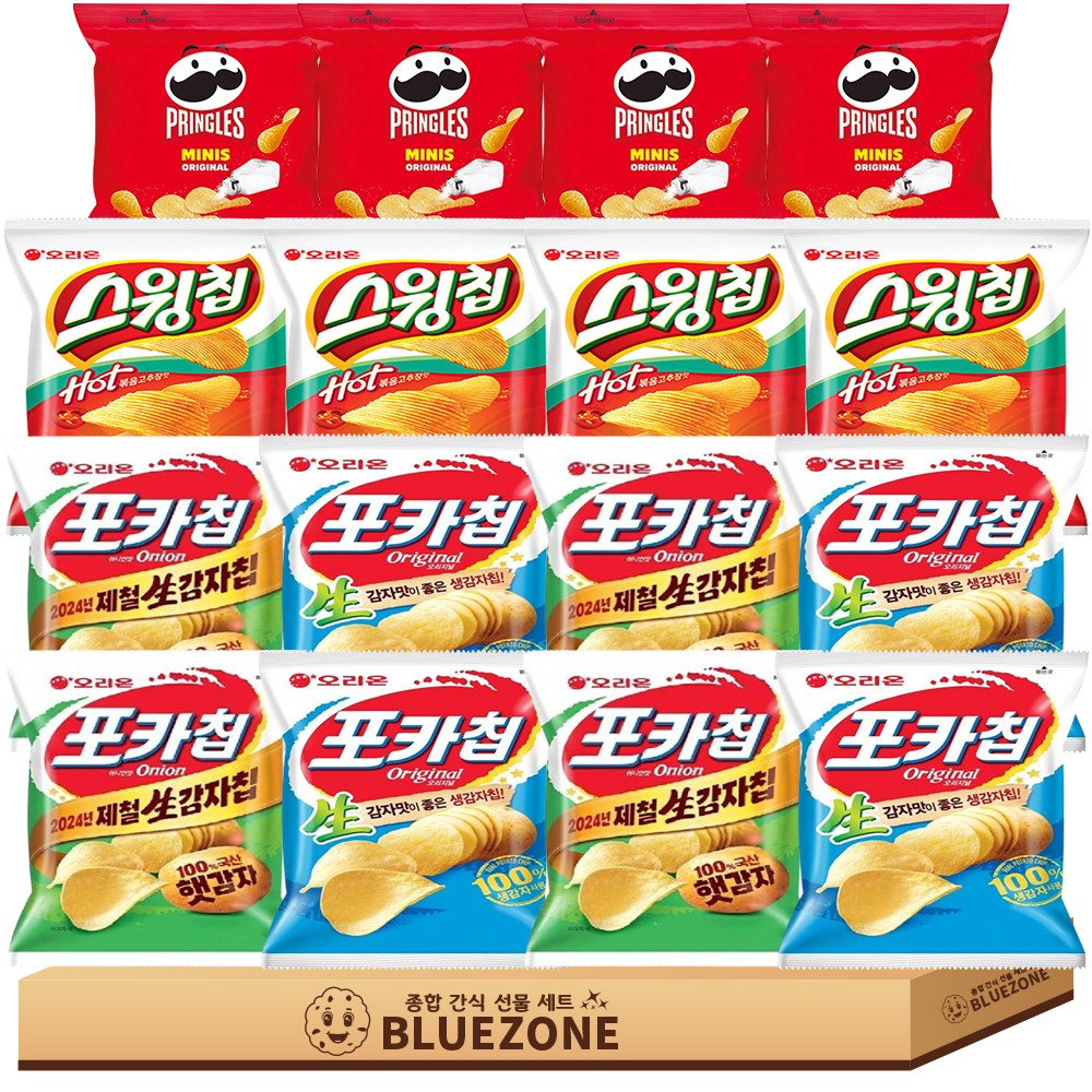 감자미니스낵 세트 포카칩 오리지널4 어니언4 스윙칩 볶음고추장4 프링글스 오리지널4, 1박스, 혼합 18,800원