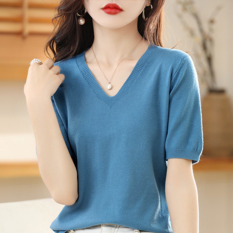 별하늘 여성 브이넥 반팔 니트 티셔츠 16,900원