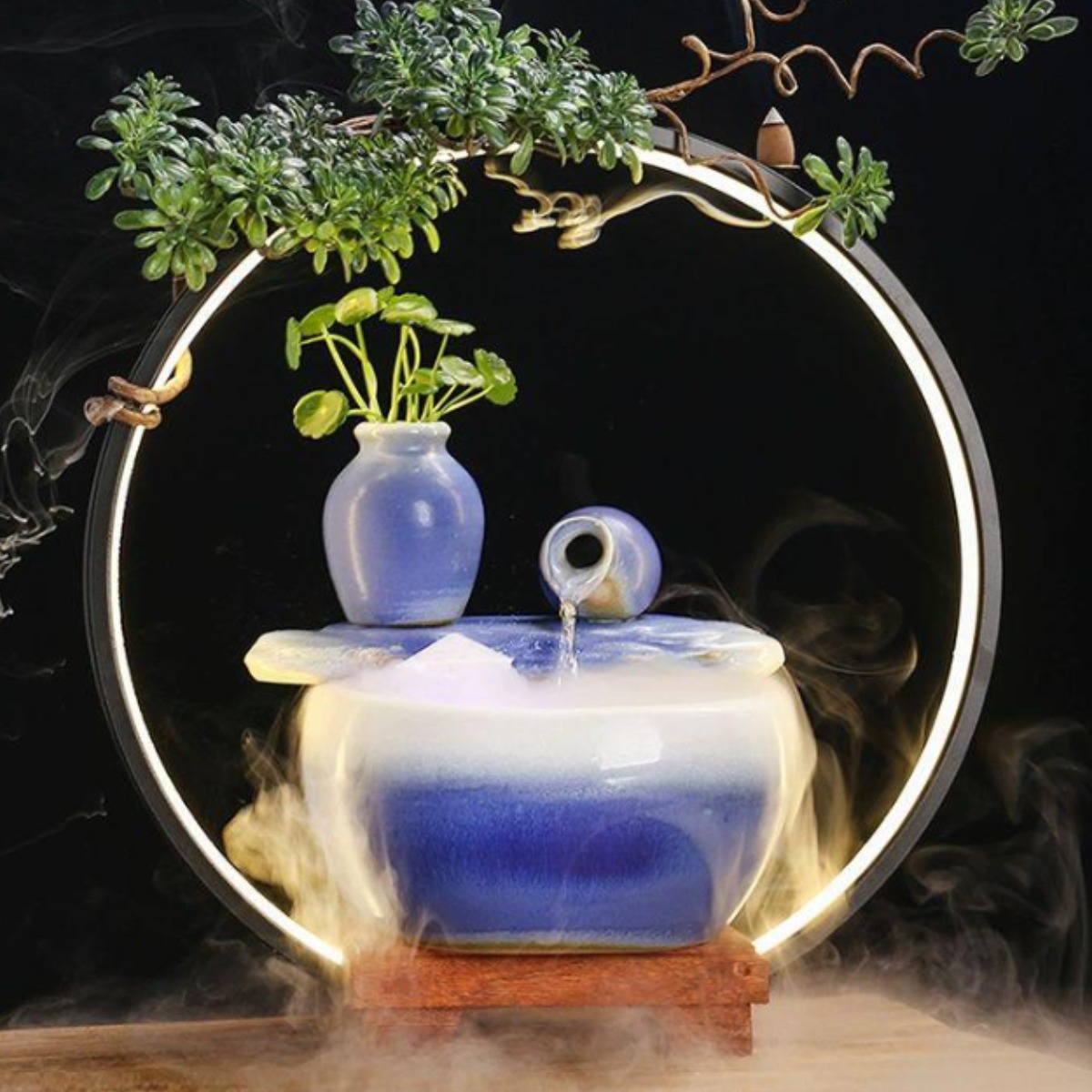 미니분수대 실내분수대미니 분수대 실내미니분수대 미니분수 분수 인테리어분수, 14.재원 굴곡 블루+조명 98,200원