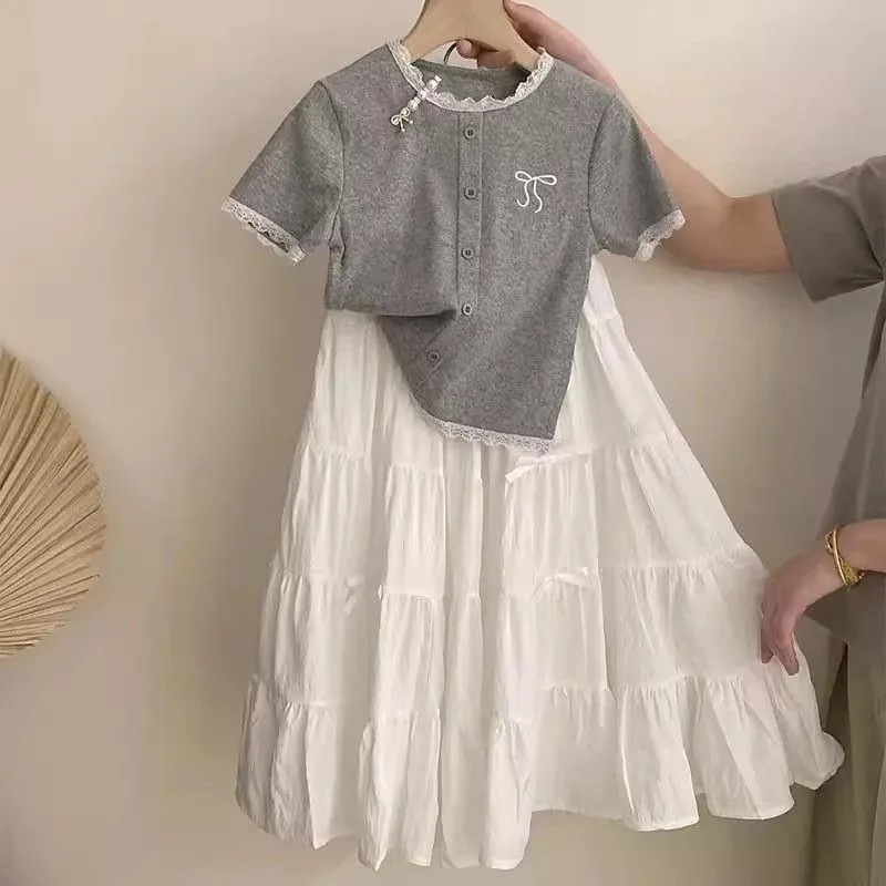 ZPEIZ 여름 여아 반팔 치마 세트 레이스 프린트 티셔츠 케이크 스커트 주니어 상하복 세트 데일리 세트 34,990원