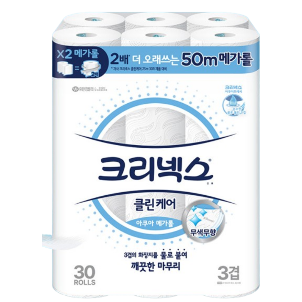 크리넥스 3겹 클린케어 아쿠아 메가롤 50m 30롤 2개 70,850원