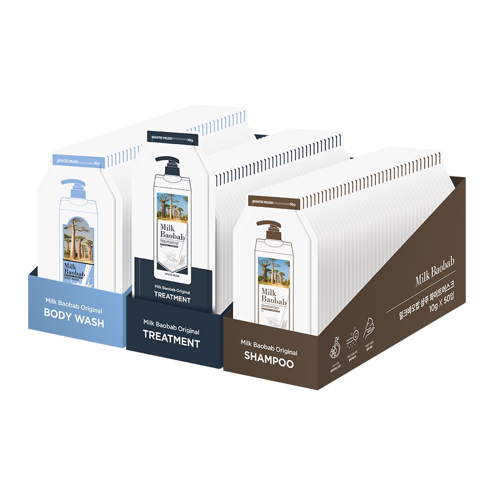 밀크바오밥 샴푸 화이트머스크 + 트리트먼트 화이트머스크 + 바디워시 화이트머스크, 10g 50입, 1세트 39,700원