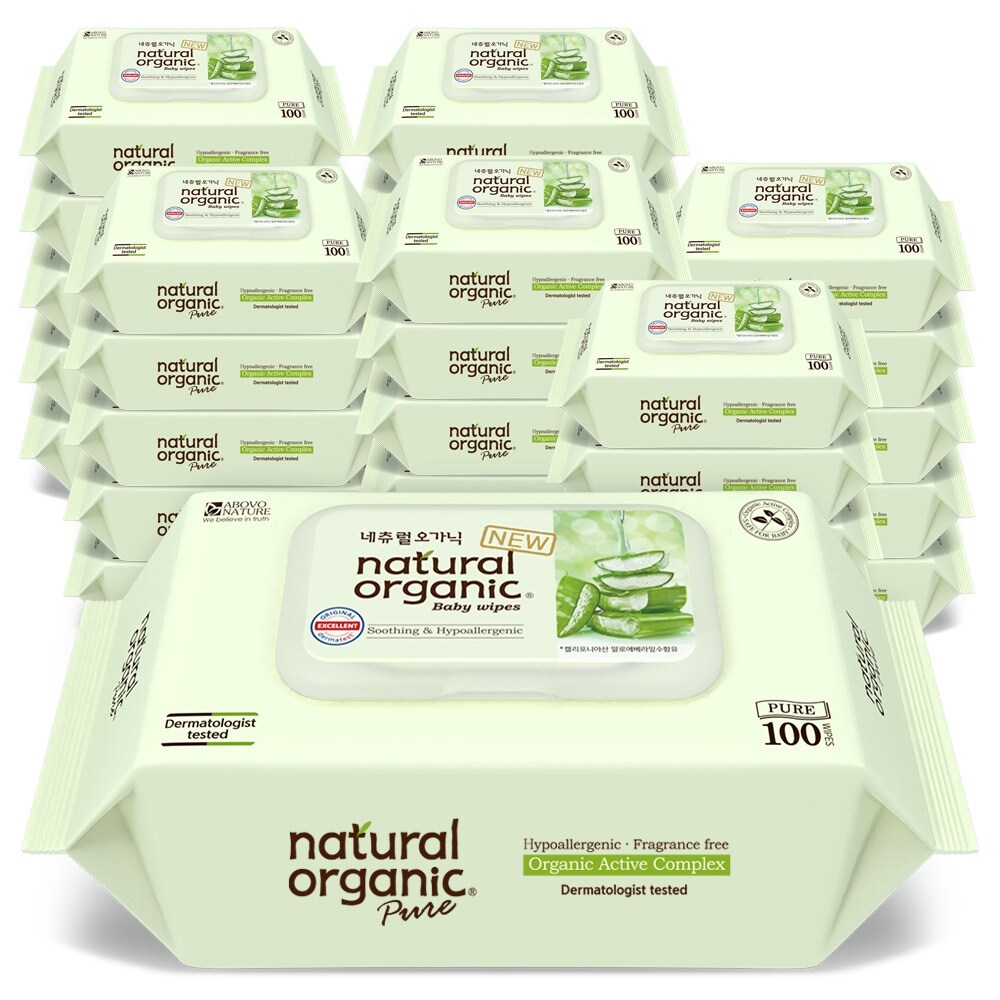 네츄럴오가닉 아기물티슈 퓨어 알로에 베라 플레인 스마트캡형 100매 30팩 32,000원
