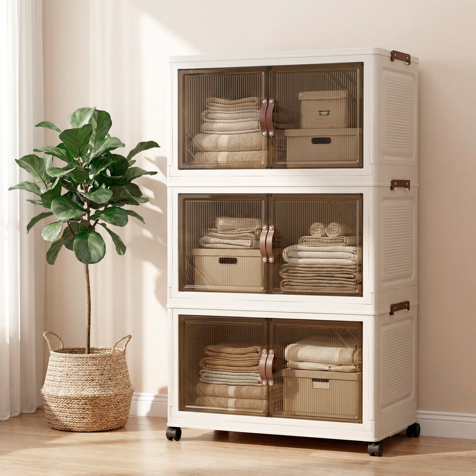 SHE-U 대용량 다용도 접이식 이동식 수납장 가정용 플라스틱 리빙박스, 투명 브라운 89,900원