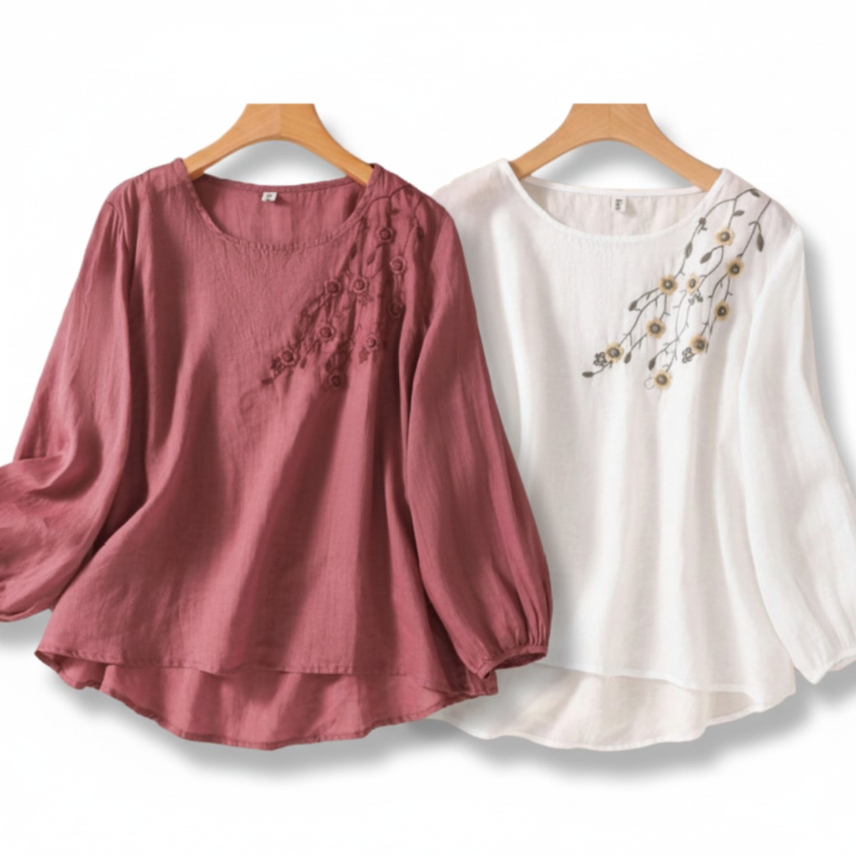 타임퓨어 1+1 여성용 라운드넥 면 린넨 긴 소매 셔츠 블라우스 캐주얼 자외선 차단 셔츠 루즈핏 티셔츠 라운드 중년 자수 봄여름 상의 25,660원