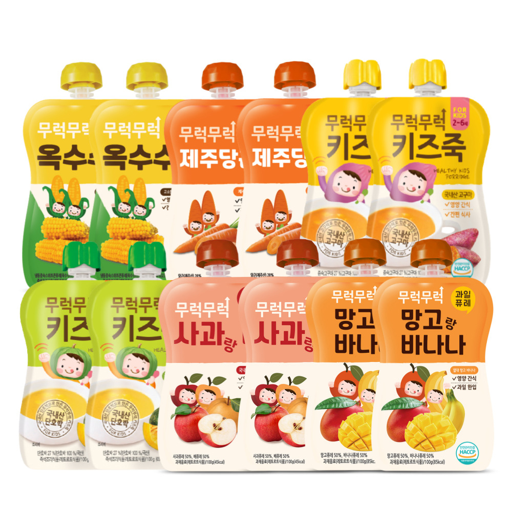 이유케어스 무럭무럭 키즈죽 6종 x 2p 세트, 옥수수, 제주당근, 고구마, 단호박, 사과랑배, 망고랑바나나, 1세트, 100g 27,120원