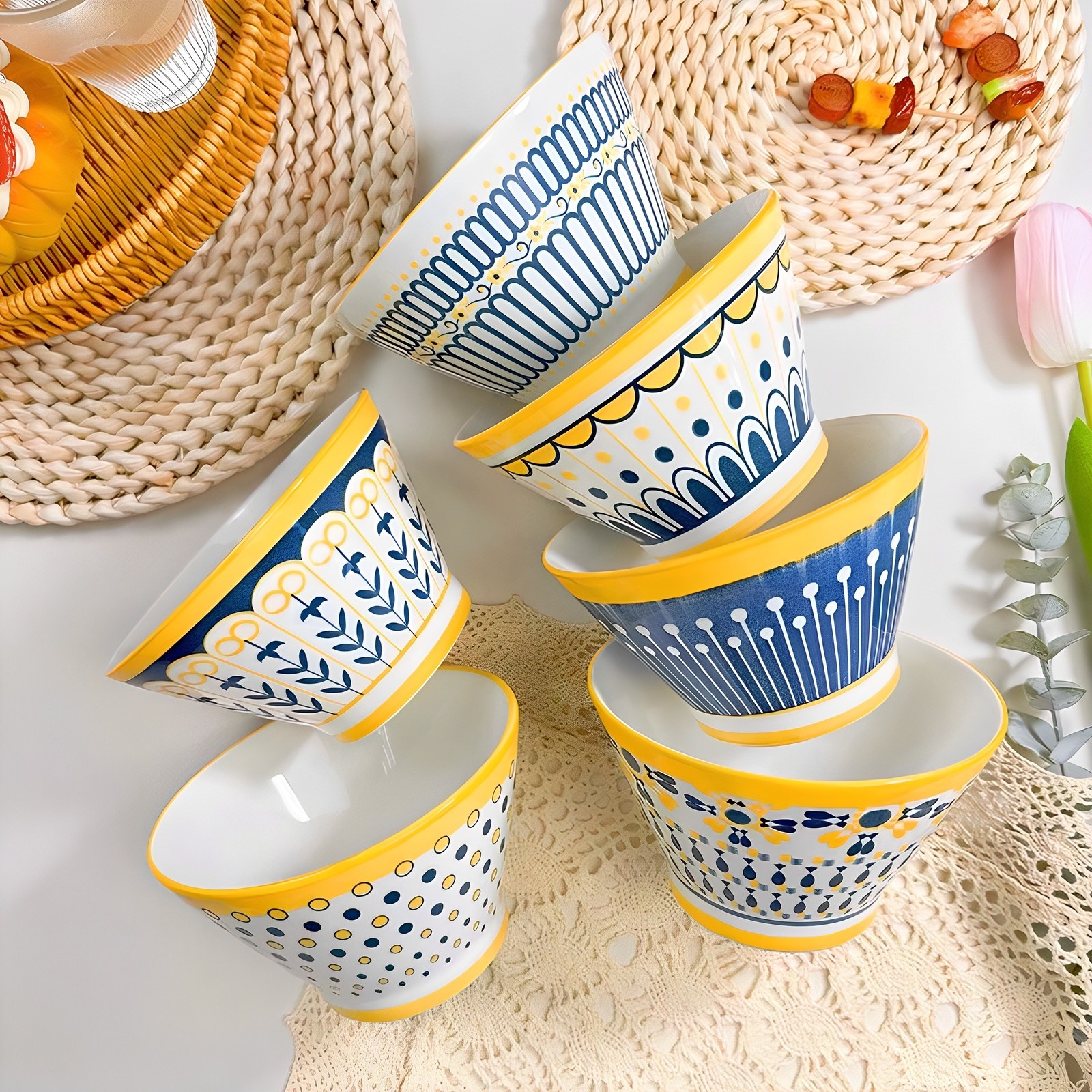 BLOWFISHFUGU 보헤미안 식기 삿갓 그릇 5인치밥그릇 샐러드보울 디저트 그릇 홈식기 세트 2P/4P/6P 450ML 14,800원