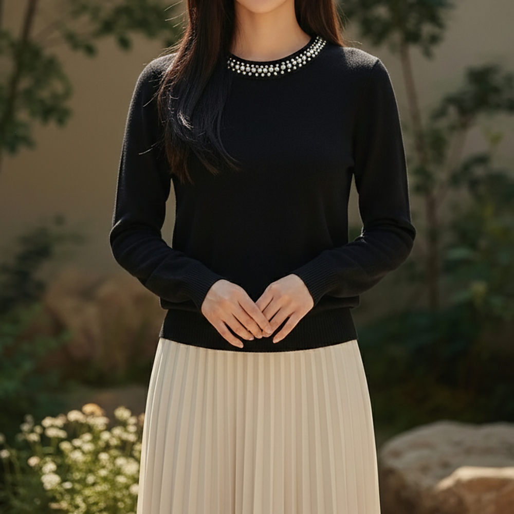 페이퍼먼츠 여성용 디카 진주 라인 라운드넥 니트 티셔츠 14156 26,900원