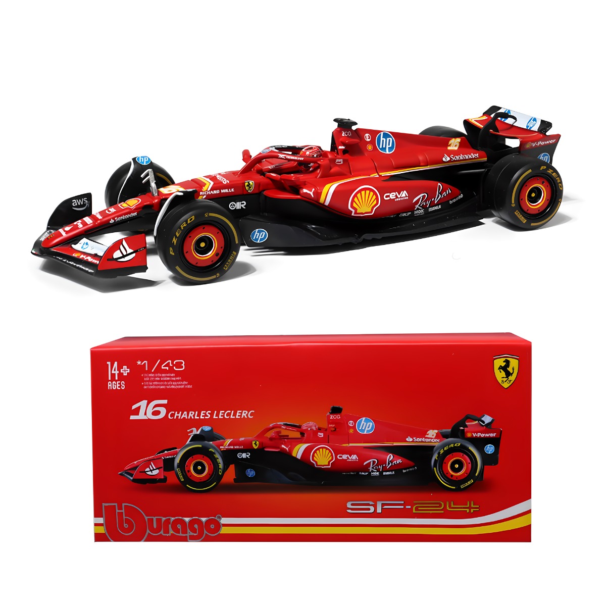 브라고 1:43 F1 페라리 SF24 #16 (Charles Leclerc) Emilia Romagna GP 레이싱카 다이캐스트 아크릴케이스, 1개 33,900원