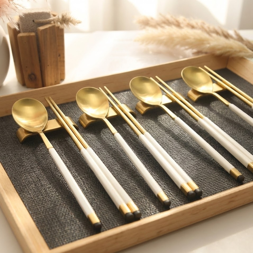 보겐 국산 스퀘어 투톤 골드 수저 + 받침 4인세트, 화이트, 1세트, 숟가락 4p + 젓가락 4p + 스텐실버수저받침 4p 103,900원