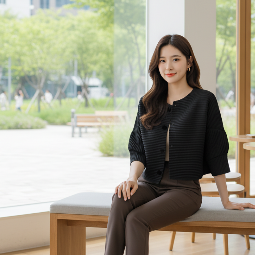 구디프 여성용 니트 크롭핏 벌룬소매 골지 디자인 경량 데일리룩 가디건 25,800원