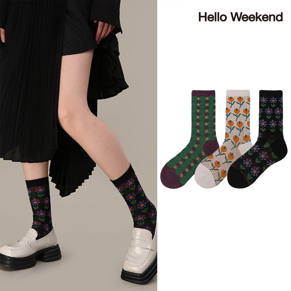 Hello Weekend 여성 배색 봄여름 양말 중목 양말 장목 양말 중목 양말 운동 패션 순면 양말 3족 세트 24,990원