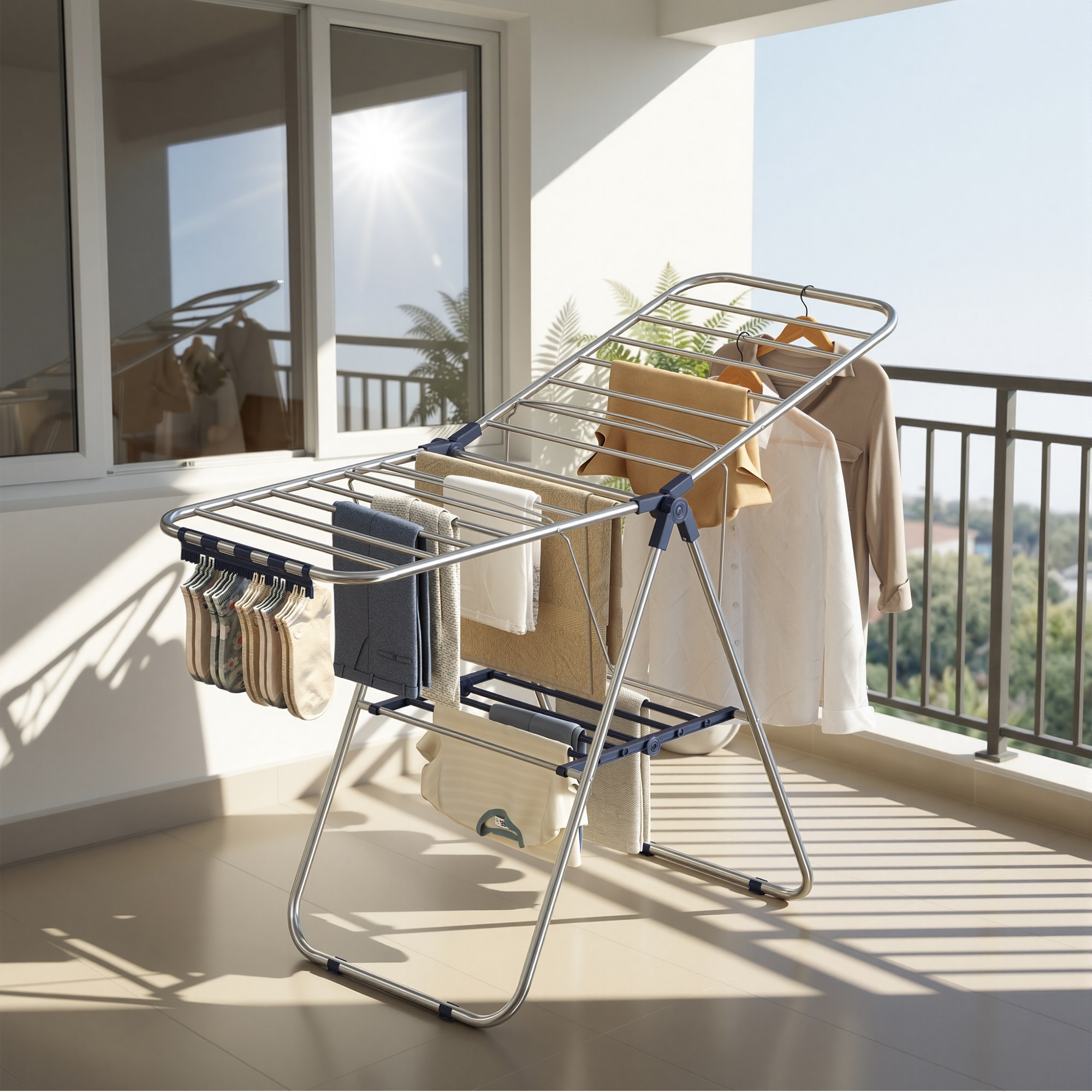 SONGMICS 높이 조절 가능한 날개 양말 클립 포함 튼튼한 접이식 빨래건조대, 실버+블루 32,830원