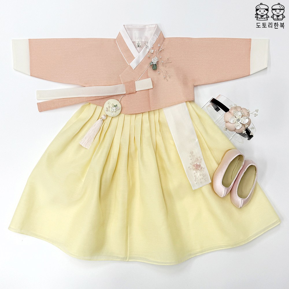 살구빛 저고리 노랑치마 고급 여아한복 (1호-15호) 어린이 돌한복 아기 아동한복 76,000원