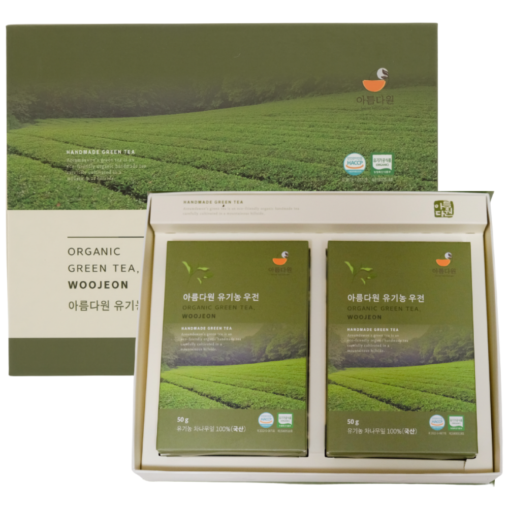 아름다원 유기농 우전녹차 100g 선물세트, 1세트, 2개입, 50g 57,970원
