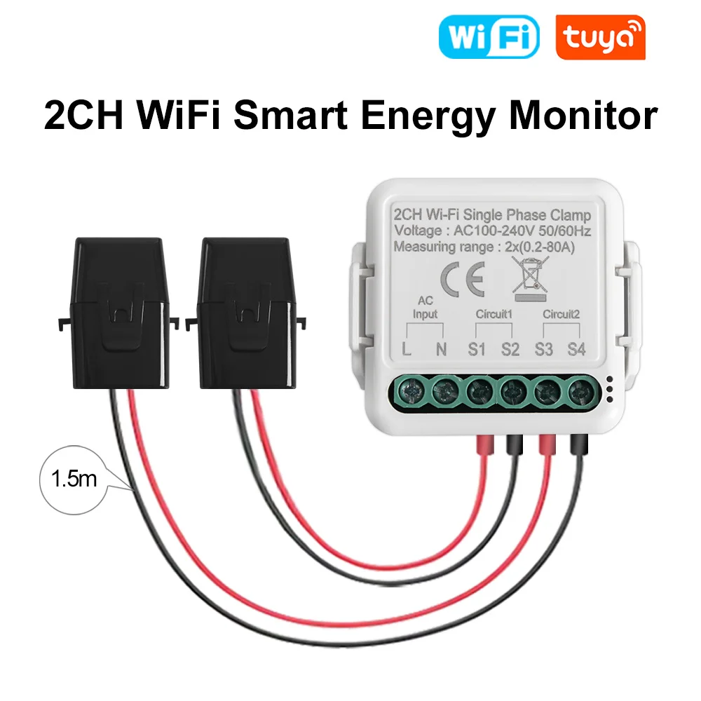 Tuya WiFi 스마트 에너지 미터 양방향 1, 2 채널 전류 센서 클램프 라이프 모니터 전원 80A 110V/240V, 02 2CH 32,580원