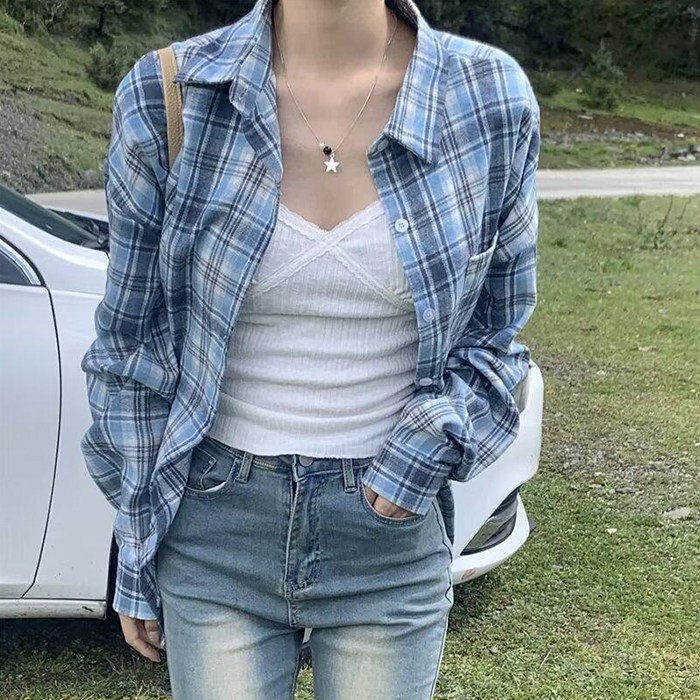 cammello 살안타템 오버핏 타탄 포켓 블루 체크 셔츠 간절기 남방 24,900원