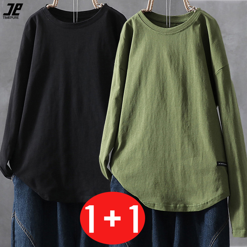 1+1 여성용 라운드넥 캐주얼 긴팔 티셔츠 루즈핏 데일리 상의 티 봄가을 간절기 이너 빅사이즈 캐주얼 패션 29,220원