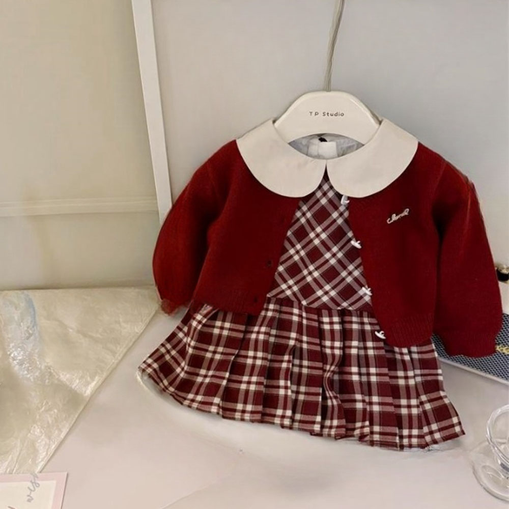 여누키즈 여아 레드 니트 가디건 + 민소매 체크 원피스 2종 세트 투피스 키즈 주니어 상하세트 상하복 촬영복 하객룩 크리스마스 39,800원