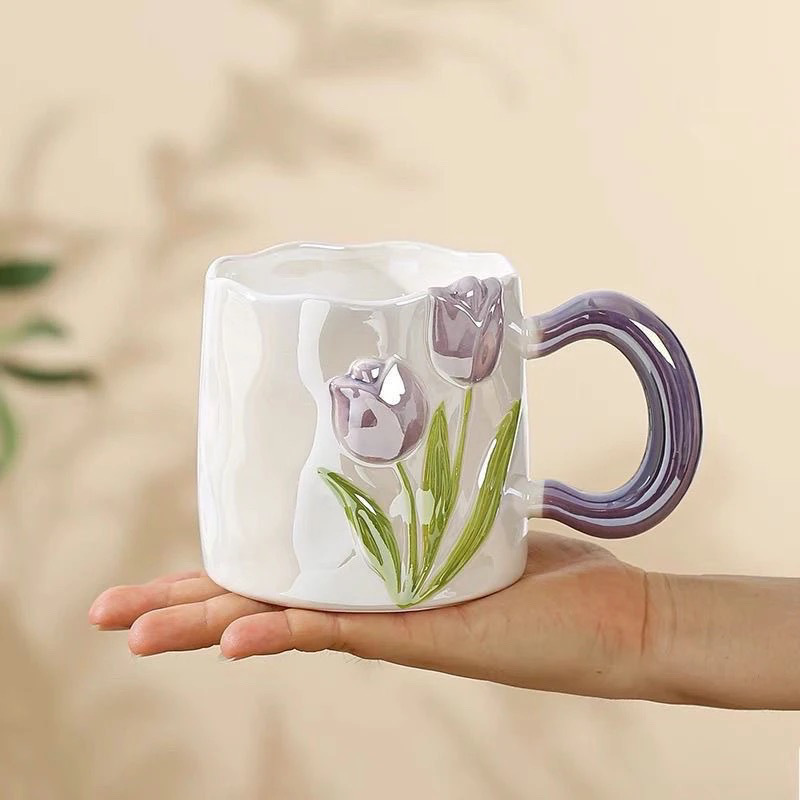 MAKABORO 도자기 머그컵 물컵 예쁜 플라워 생일 선물 커피잔, 1개, 퍼플 18,400원