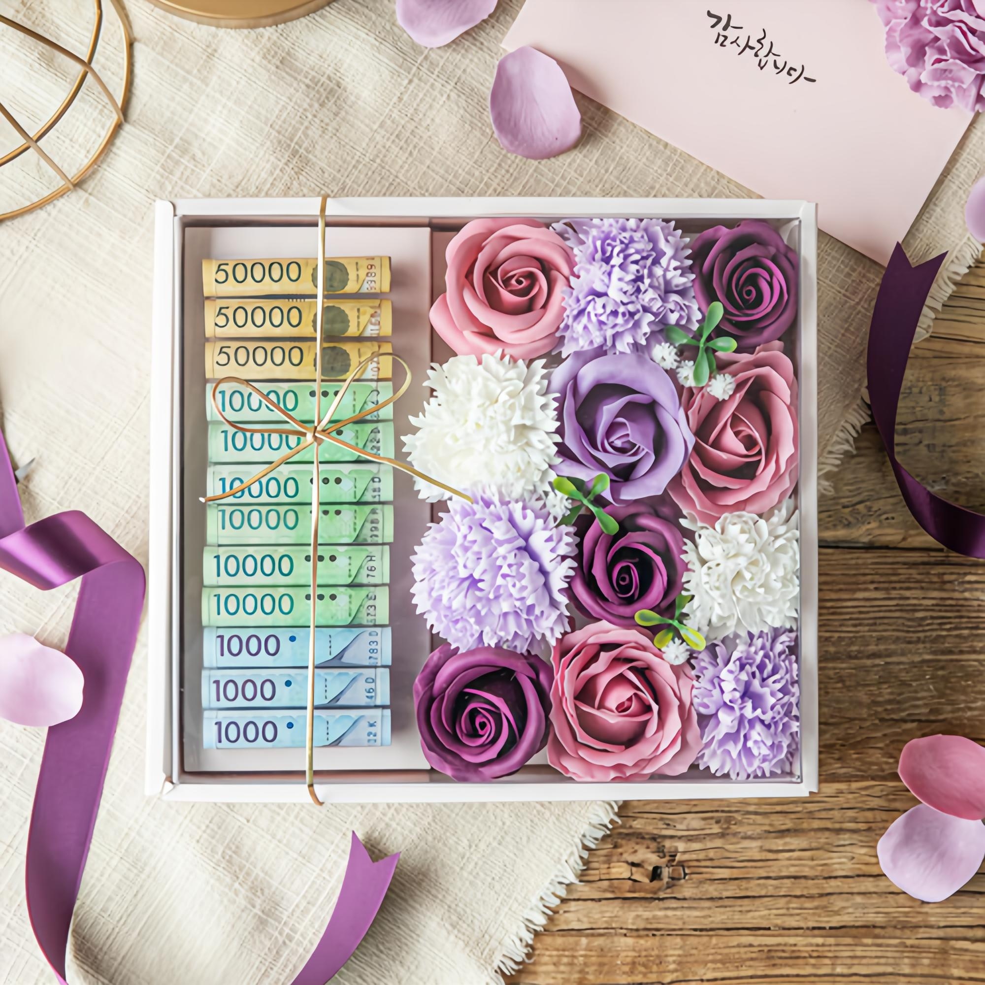 뷰티풀데코센스 조화 비누꽃 용돈박스 + 감사편지봉투 + 머니캡 12p + 보자기 + 고급태슬 + 쇼핑백 세트, 퍼플, 1개 16,900원