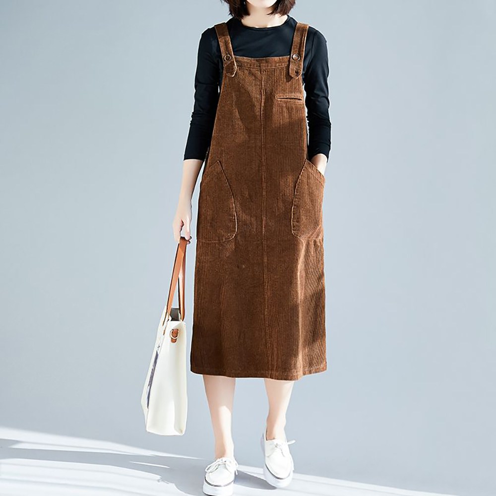 ROYALBELLE 여성 빈티지 코듀류이 캐주얼 골덴 멜빵 미디 포켓 스커트 원피스 데일리룩 Y070111 25,500원