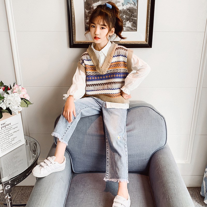 [삐삐네옷가게] 여아 주니어 보헤미안청바지3종 니트 조끼 세트 36,900원