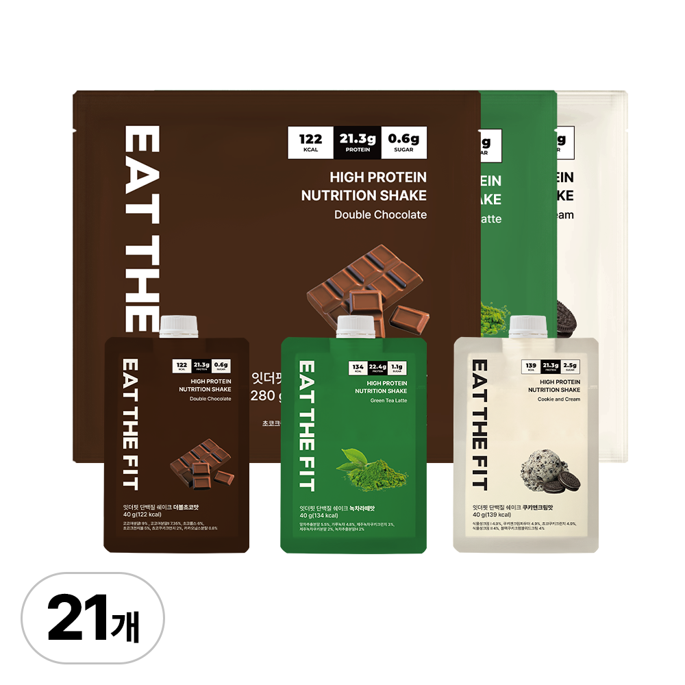 잇더핏 단백질 쉐이크 3주플랜 (더블초코맛 1주+녹차라떼맛 1주+쿠키앤크림맛 1주), 3개, 280g 71,900원