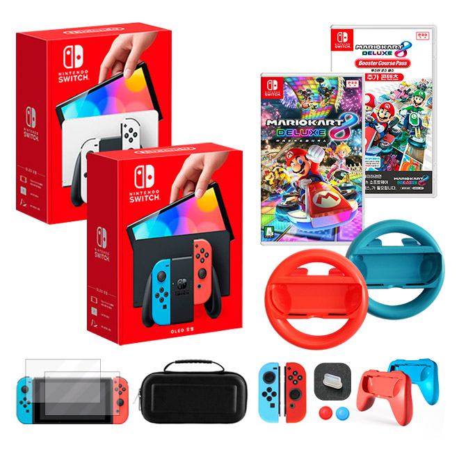 닌텐도 스위치 OLED 화이트+마리오카트8 디럭스+부스터코스 패스+해피플러스 핸들 악세사리 풀 패키지 547,800원