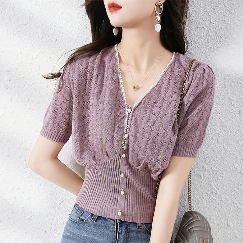 IWMAFT 여성 여름 V넥 니트 반팔 상의 슬림핏 허리라인 포인트 여유핏 퍼프소매 데일리 티탑 HY139 20,100원