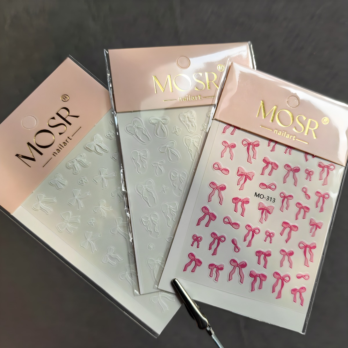 내추럴 리본 네일 스티커 3종1세트 3D 엠보 아트스티커 셀프네일 DIY, 3개, 화이트 핑크 9,900원