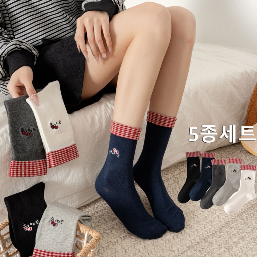 여성용 자수 중목 양말 5켤레 세트 고양이 귀여운 양말 패션양말 13,300원