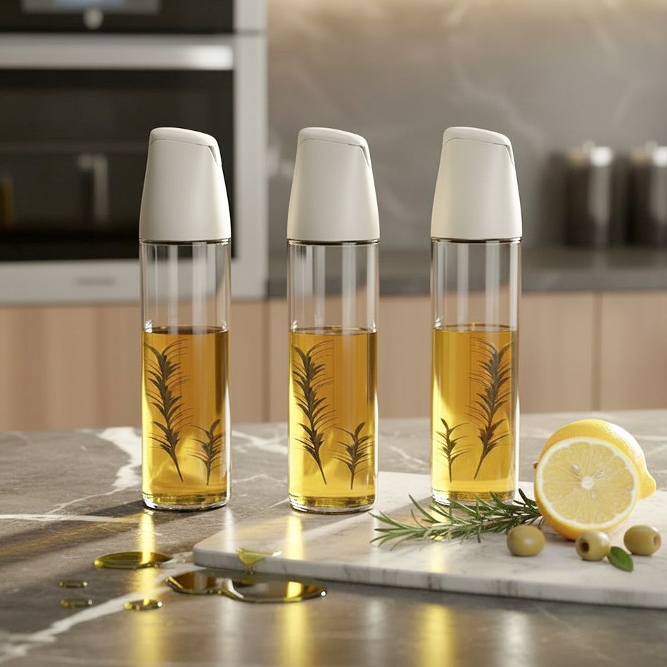 일상가 세척하기쉬운 심플 자동개폐 원형 글라스 유리 오일병 디스펜서 아이보리, 3개, 500ml 24,700원