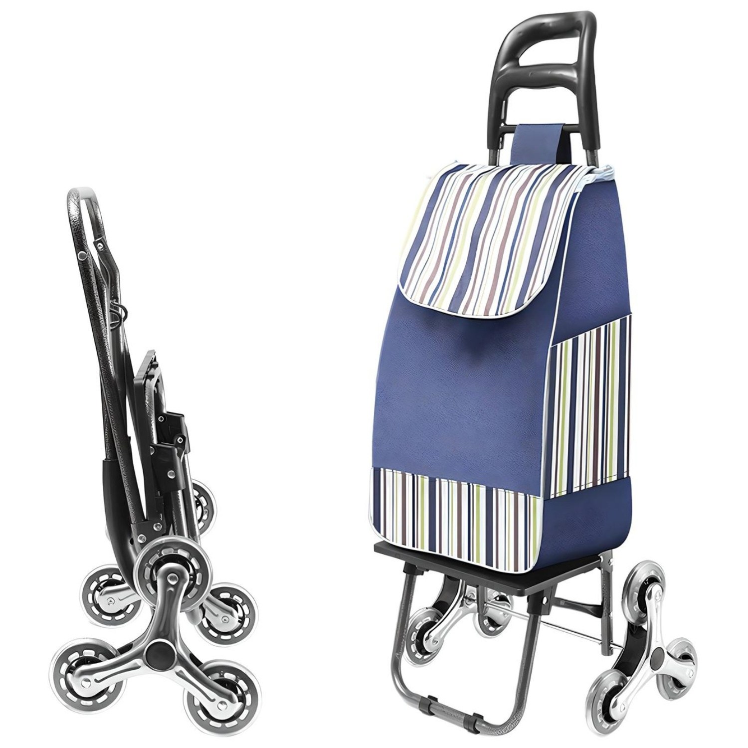 RUNHome 접이식 바퀴달린 쇼핑카트 시장 계단 장바구니 캐리어, 스트라이프 블루, 1세트 30,000원