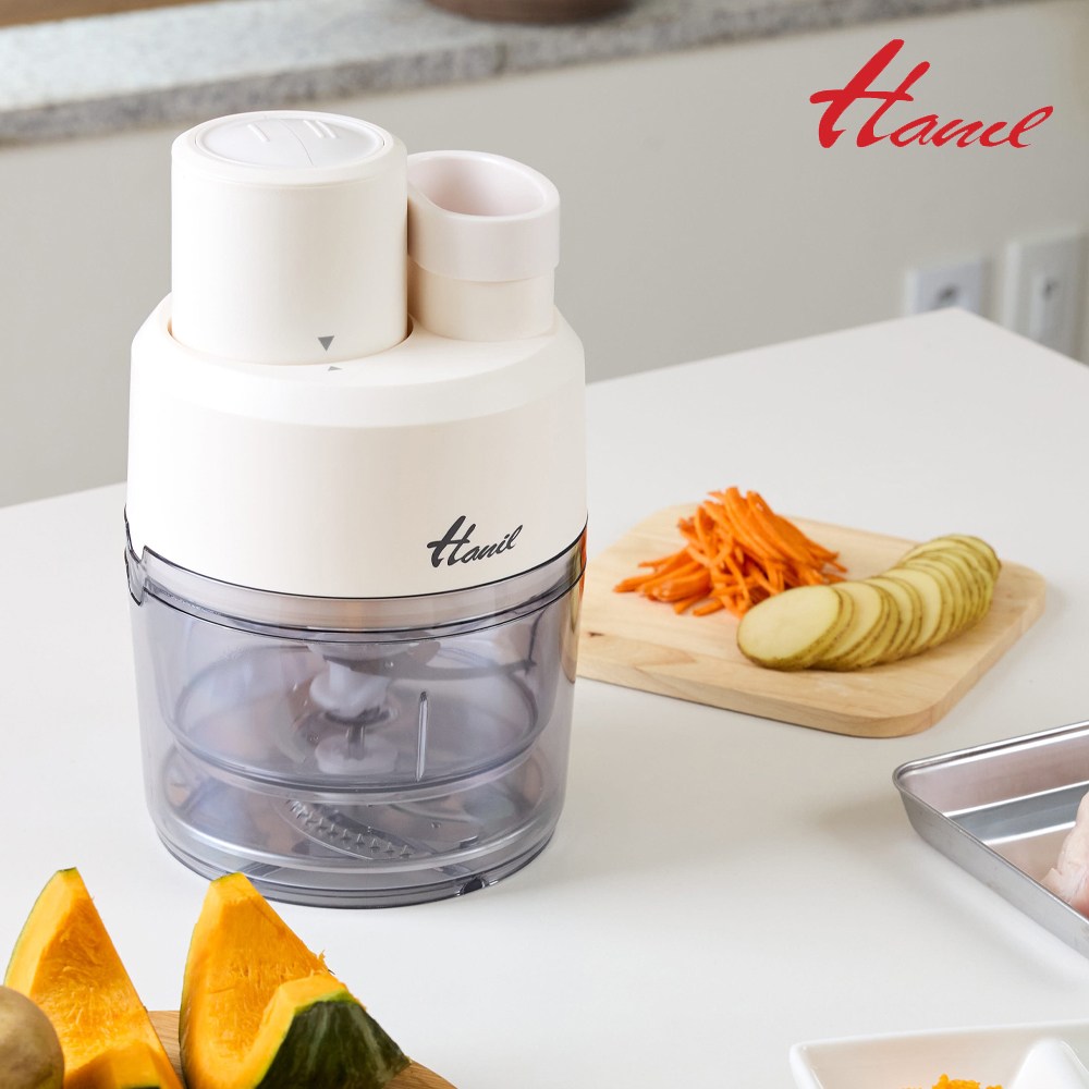 한일전기 전동 멀티 채칼 다지기 야채 슬라이서 3in1 멀티초퍼 채썰기 자동 커팅 만능다지기, 1개, 크림아이보리 69,800원