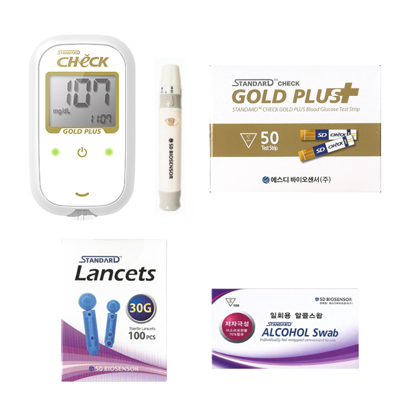 에스디바이오센서 스탠다드체크 골드플러스 혈당측정기 풀세트 (기계+시험지50매+SD채혈침110개+SD알콜솜100매+채혈기+파우치) SW 20,000원