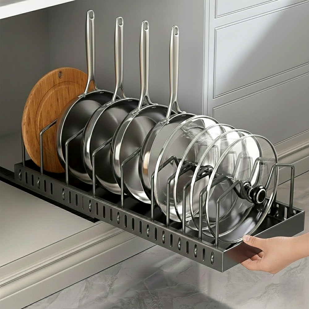 모드무드 무타공 슬라이딩 폭조절 후라이팬 정리대, 1개, 블랙, 1단 16,900원