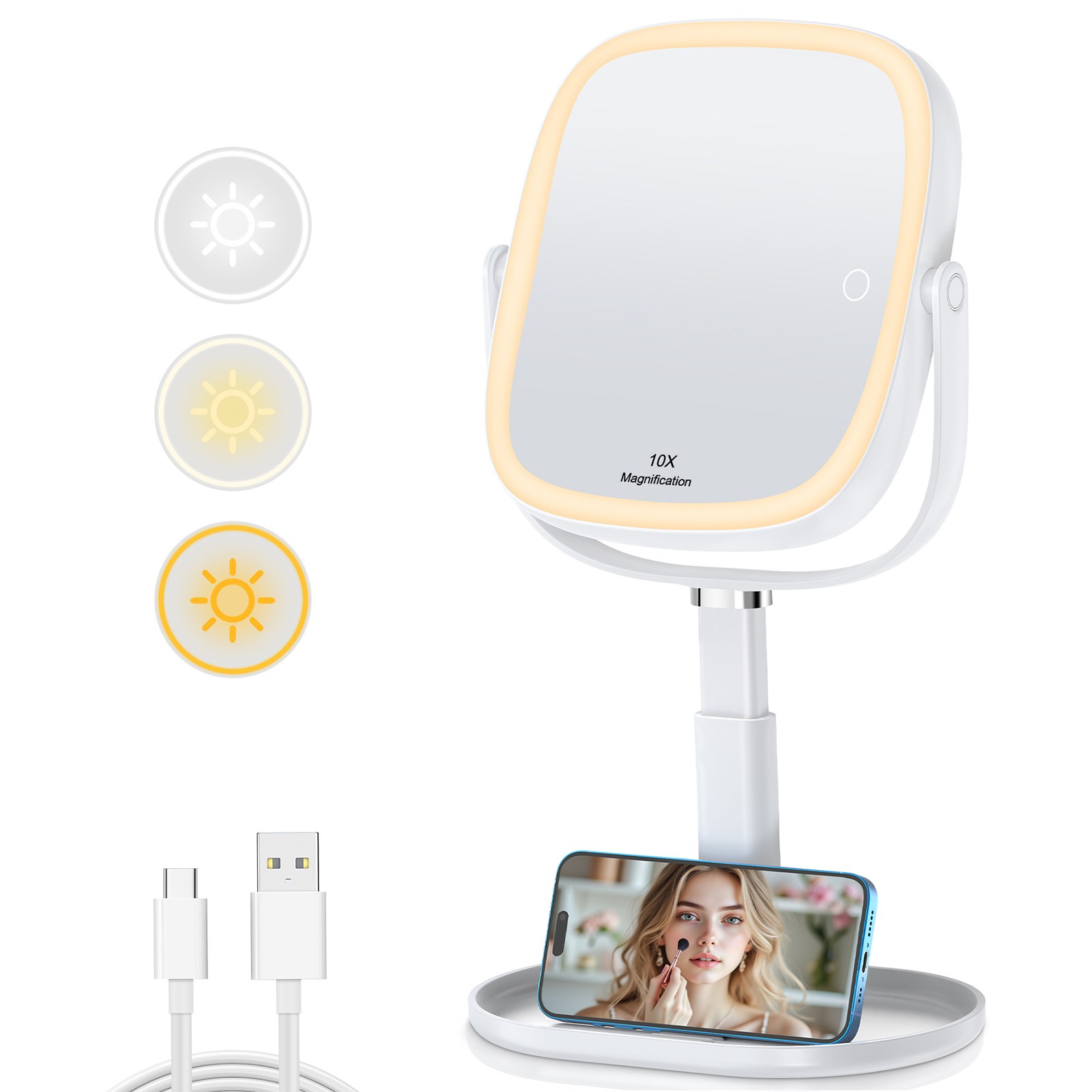LED 조명 탁상 화장거울 360도회전 1배/10배 확대 3000mAh, 화이트 39,000원