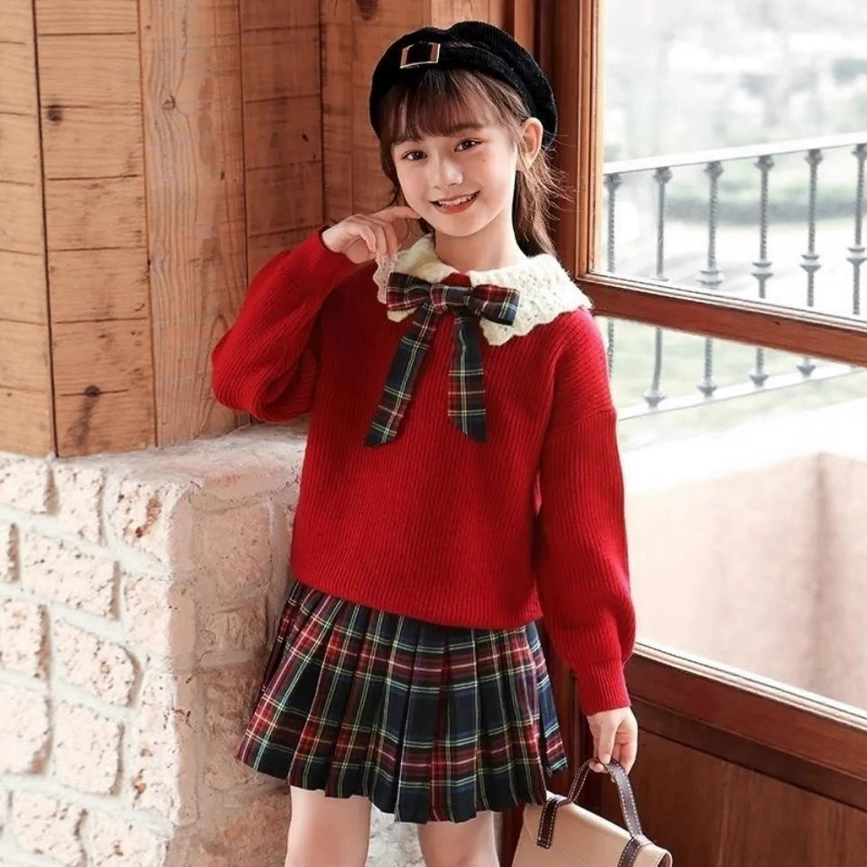 메이징키즈 주니어 여아 리본 니트 체크 치마 투피스 세트 30,900원