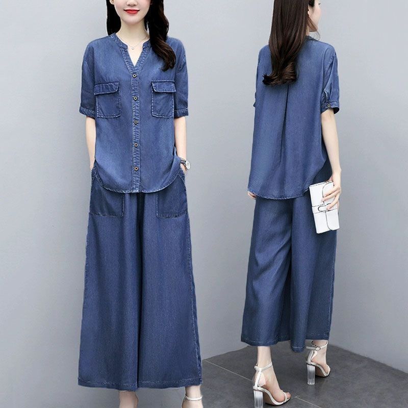 중년 여성 데님 세트 캐주얼 봄 여름 반팔 창자켓 와이드 청바지 상하의 투피스 루즈핏 데님 투피스 세트 CY 30,340원