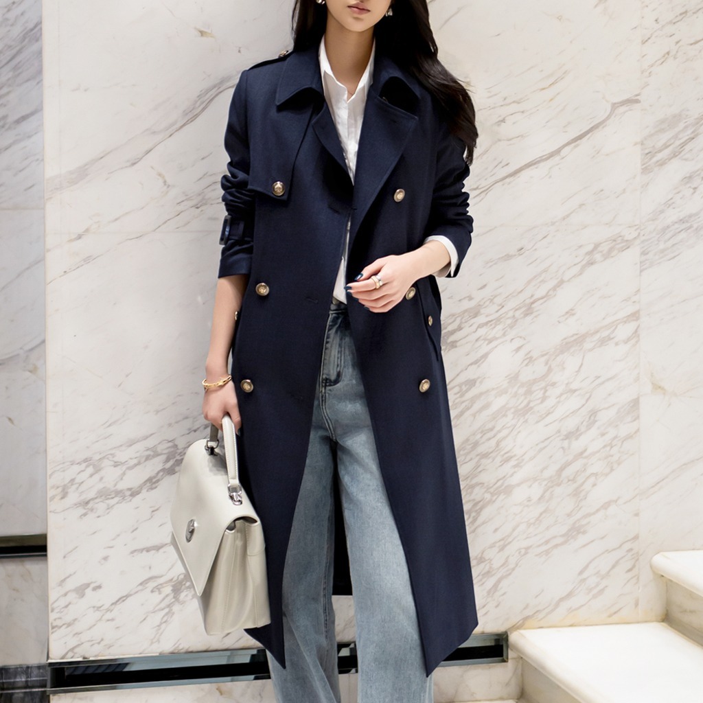 네이비 헤링본 더블 트렌치코트 금장단추 견장 벨티드 정사이즈 오피스룩 98,000원