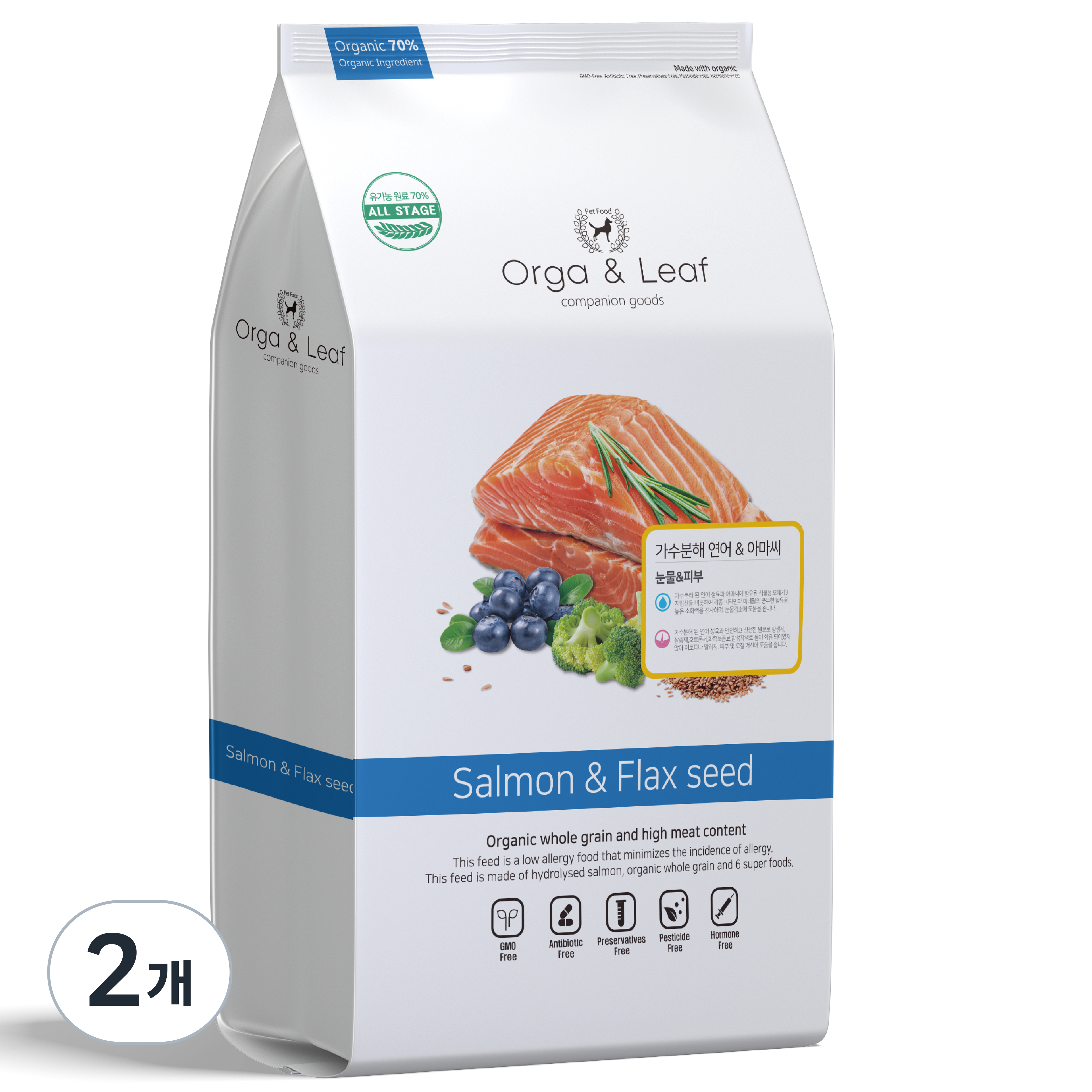 오가앤리프 유기농 가수분해 눈물 관절 피부 알러지 강아지 사료 연어&아마씨, 가수분해연어, 1.8kg, 2개 37,990원