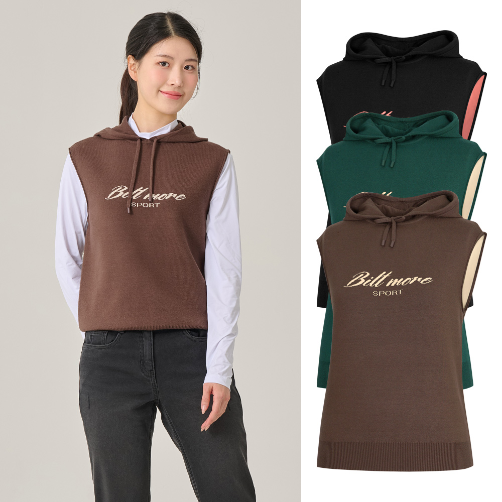 빌트모아 여성 골프웨어 로고 니트 후드 베스트 레이어드 조끼 59,000원