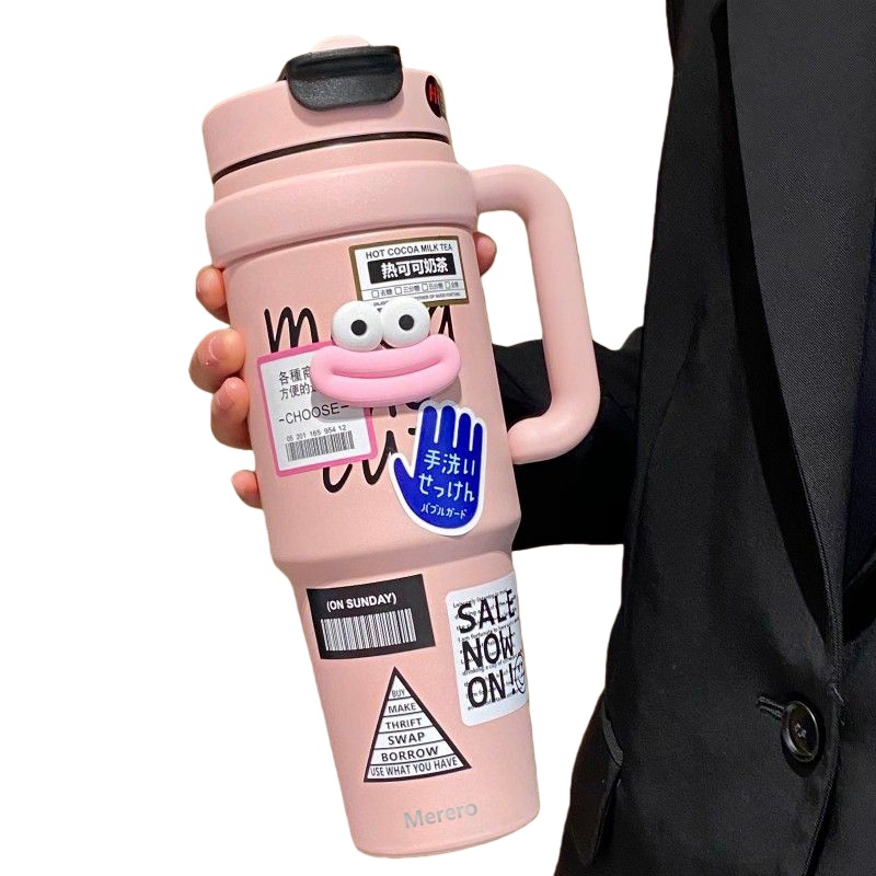 Merero 대용량 스텐 텀블러 + 빨대 포함 진공 보온 보냉 차량용 캠핑용, 핑크, 1개, 1000ml 15,810원