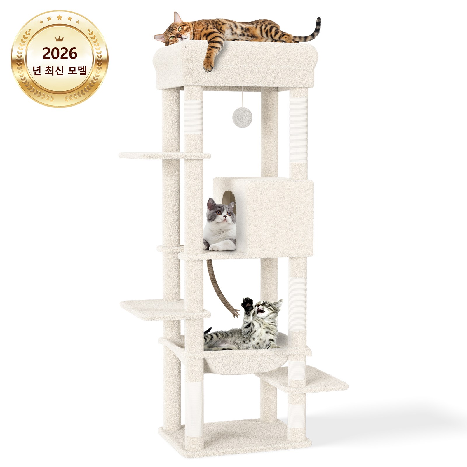 2026 업그레이드 고양이 타워 해먹 캣하우스 대형 고양이용 스크래처 다묘 가족용 캣타워 세련되고 귀여운 디자인 높은 안정성 운동 부족 해소 높이 약 150cm 한국어 설명서 포함, 흰색, 1개 86,000원