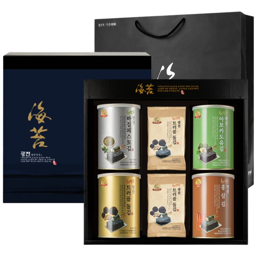명품 해달음 광천 트러플 아보카도유 홍삼 재래김 도시락캔김 고급 답례품 쇼핑백포함 4캔 선물세트, 3세트 89,400원