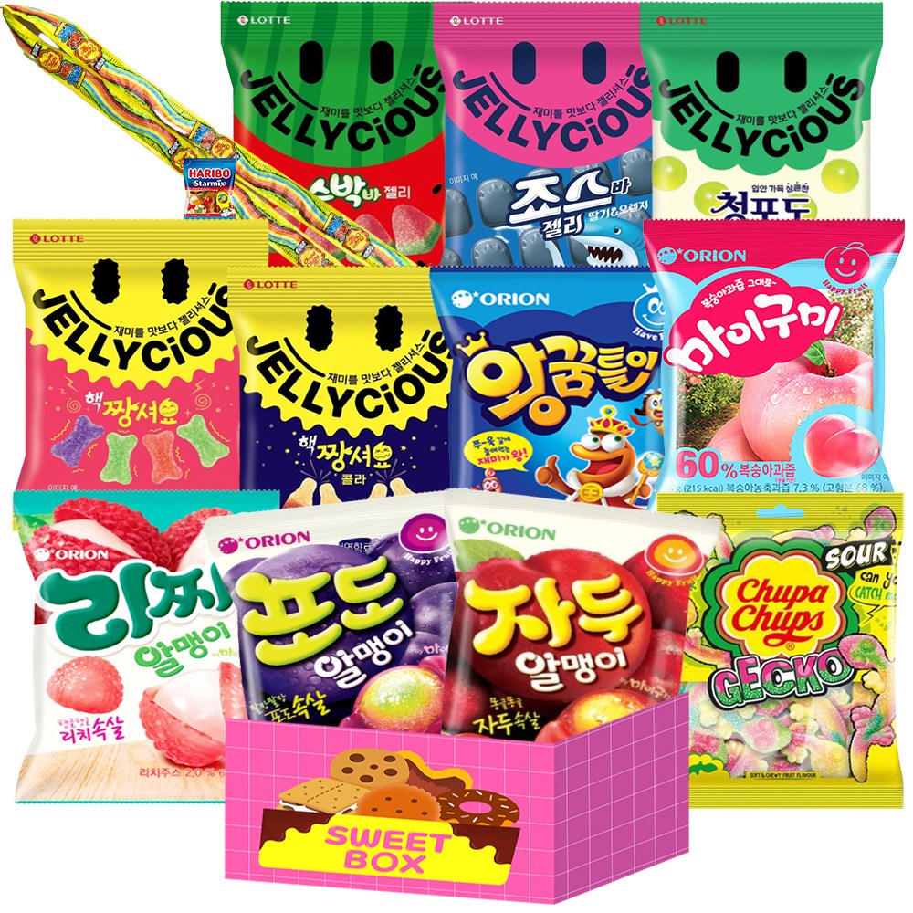 몽땅젤리 인기 세트 수박바1 죠스바1 청포도1 핵짱셔후르츠1 핵짱셔콜라1 자두알맹1 포도알맹1 리찌알맹1 왕꿈틀1 마이구미복숭1 츄파춥스사워벨트1 사워게코1 하스1, 1세트 19,900원