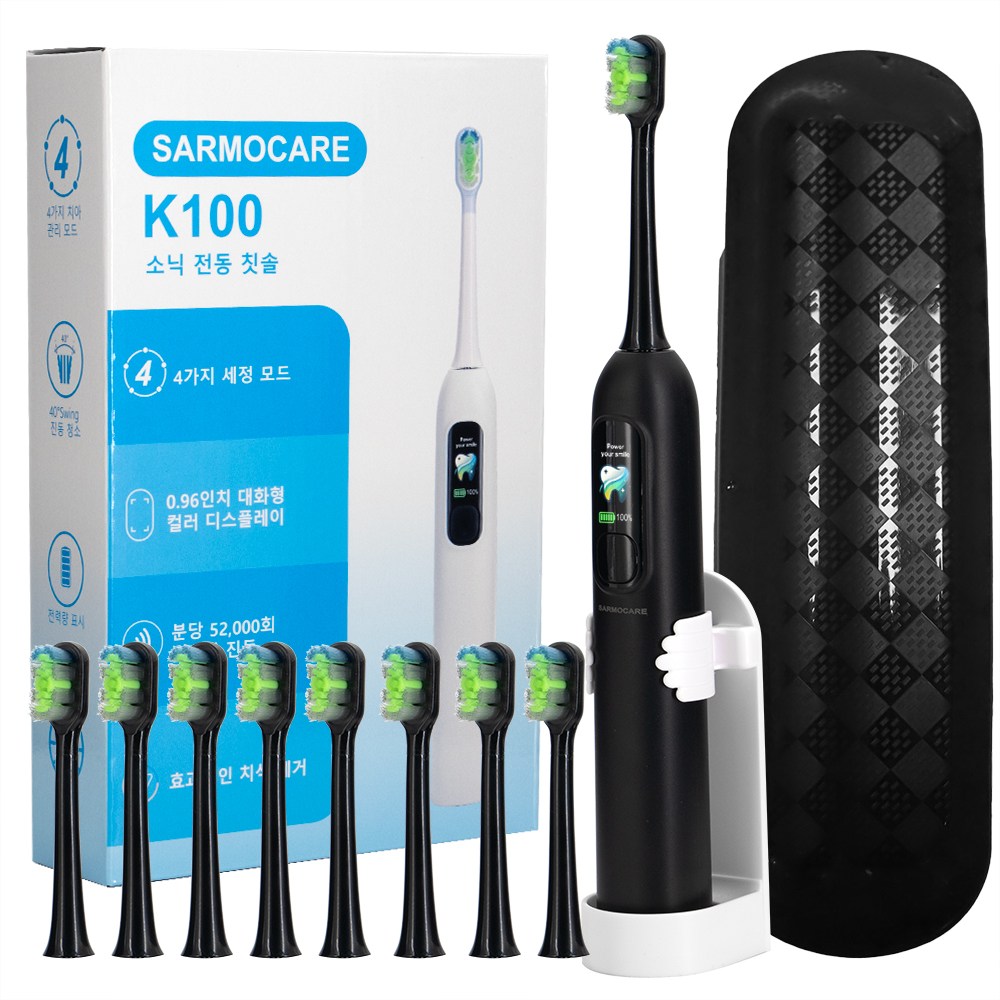 SARMOCARE 스마트 컬러 디스플레이 음파 전동칫솔 52,000회/분 스윙 진동 4모드 칫솔모 8개입 KC 인증, 1개, Black, K100 46,900원